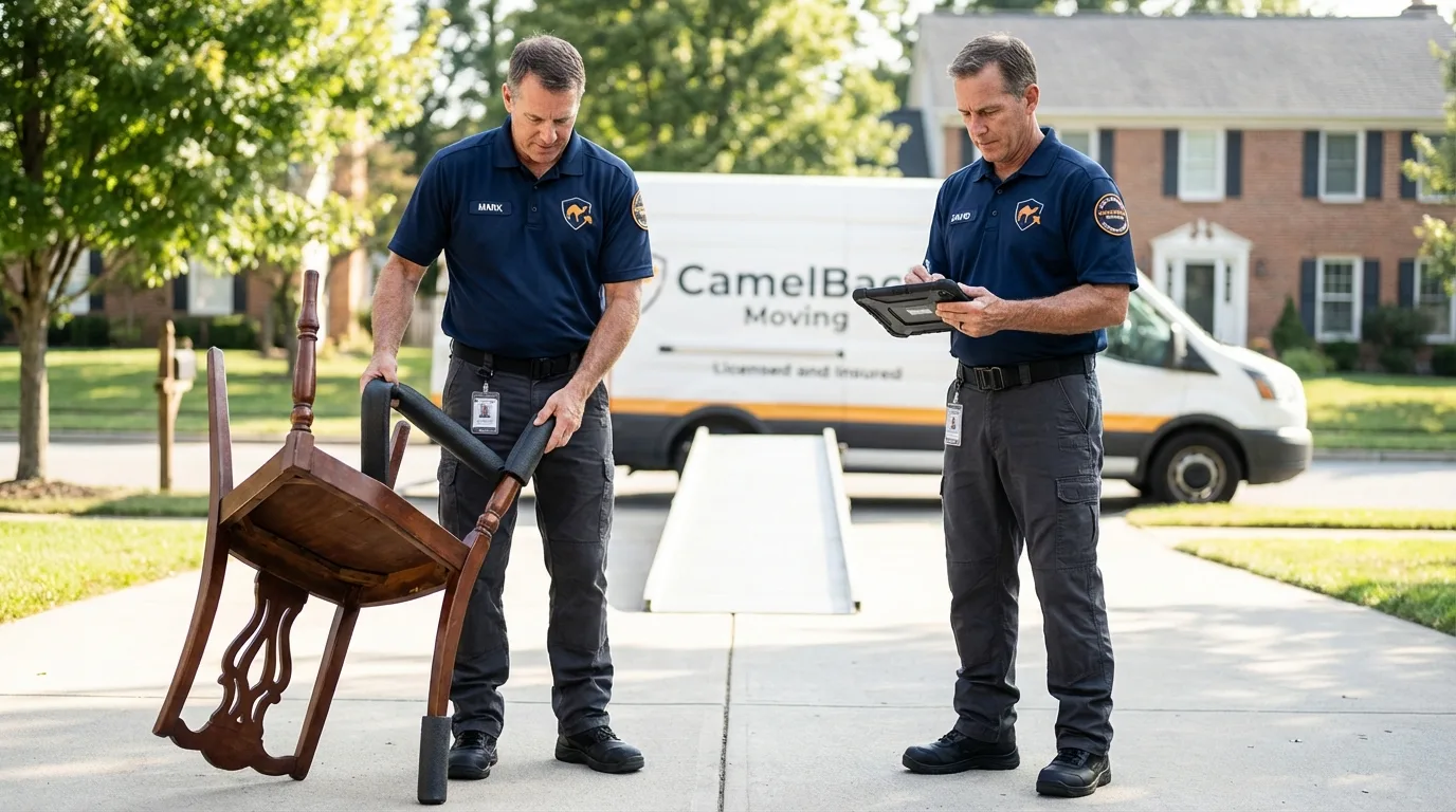 Movers inspecting furniture for damage prevention before loading in Hoschton, GA