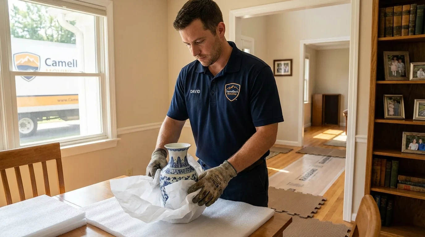 Professional crew carefully wrapping antique vase for senior downsizing move in Hoschton, GA